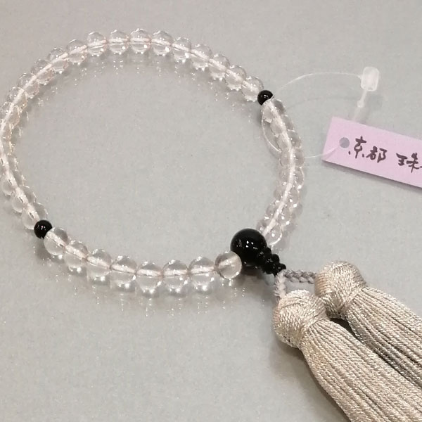 数珠 女性用「水晶 黒オニキス入り」正絹古都房付き